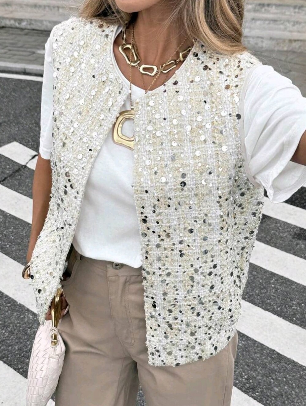 French Casual Women's Sleeveless Jacket Beige Tweed Sequin Summer Elegan